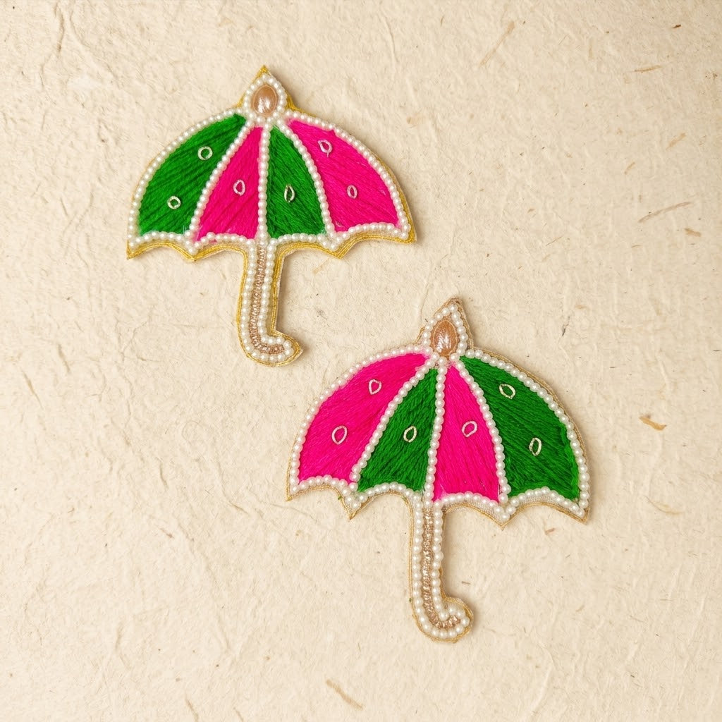 Umbrella Patch Set of 2 – Handmade Pink & Green Thread Work Chhatri Applique with Pearl Border for Rakhi, Hamper & Craft