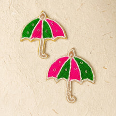 Umbrella Patch Set of 2 – Handmade Pink & Green Thread Work Chhatri Applique with Pearl Border for Rakhi, Hamper & Craft