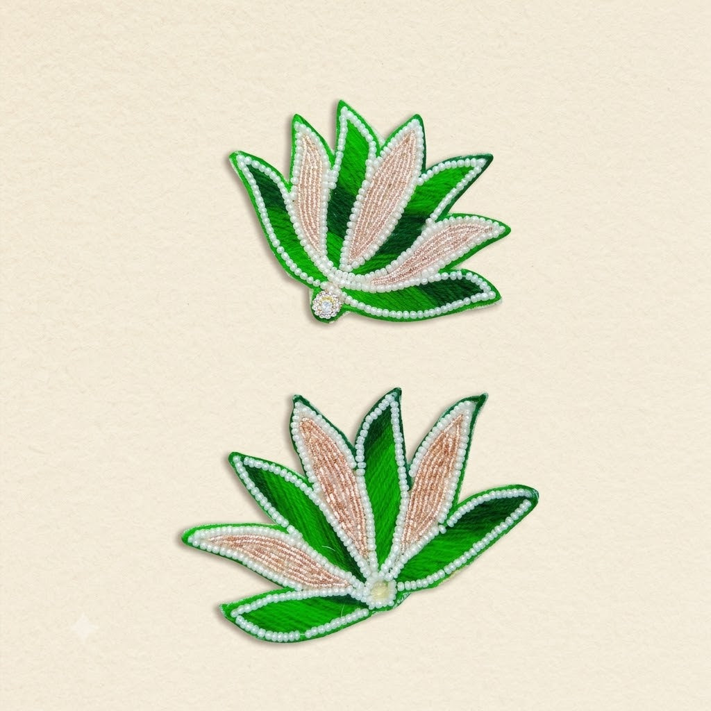 Green Lotus Flower Embroidered Motif with Pearl Beads – Sew-On Patch for Saree, Lehenga & DIY (Pack of 2)