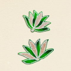 Green Lotus Flower Embroidered Motif with Pearl Beads – Sew-On Patch for Saree, Lehenga & DIY (Pack of 2)