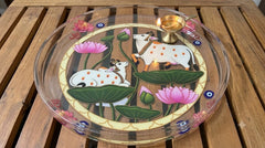8 inch Sacred White Cow & Lotus Pichwai Art UV DTF Transfer Sticker | Kamadhenu Pooja Thali Decal with Om & Evil Eye