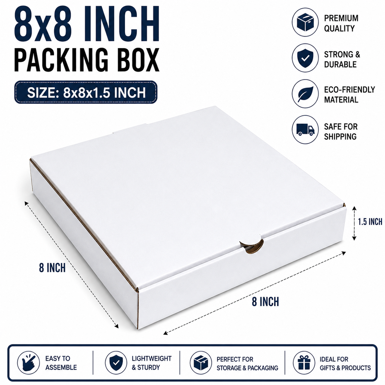 8x8 inch white corrugated packing box with tuck-in mailer design for shipping, gift packaging, eCommerce orders and product storage