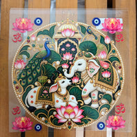 6 inch Sacred Cow, Elephant & Peacock Pichwai Art DTF Transfer Sticker | Traditional Indian Lotus Motif Decal