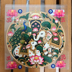 6 inch Sacred Cow, Elephant & Peacock Pichwai Art DTF Transfer Sticker | Traditional Indian Lotus Motif Decal