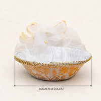 White & Gold Decorative Gift Basket with Net Cover | Wedding, Diwali & Festive Hamper Tray (21.5 cm)