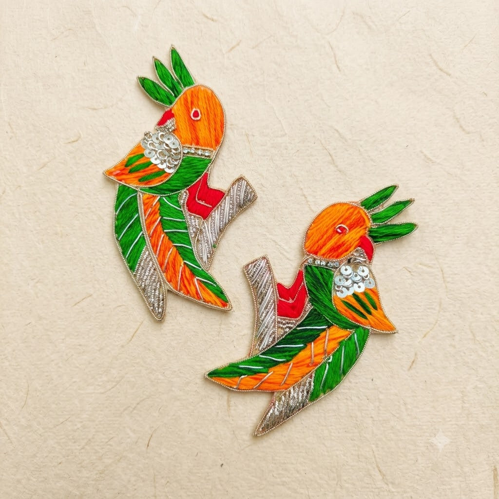 Parrot Patch Pair – Handmade Zardozi Thread Work Tota Applique for Dupatta, Lehenga & Craft (Set of 2)