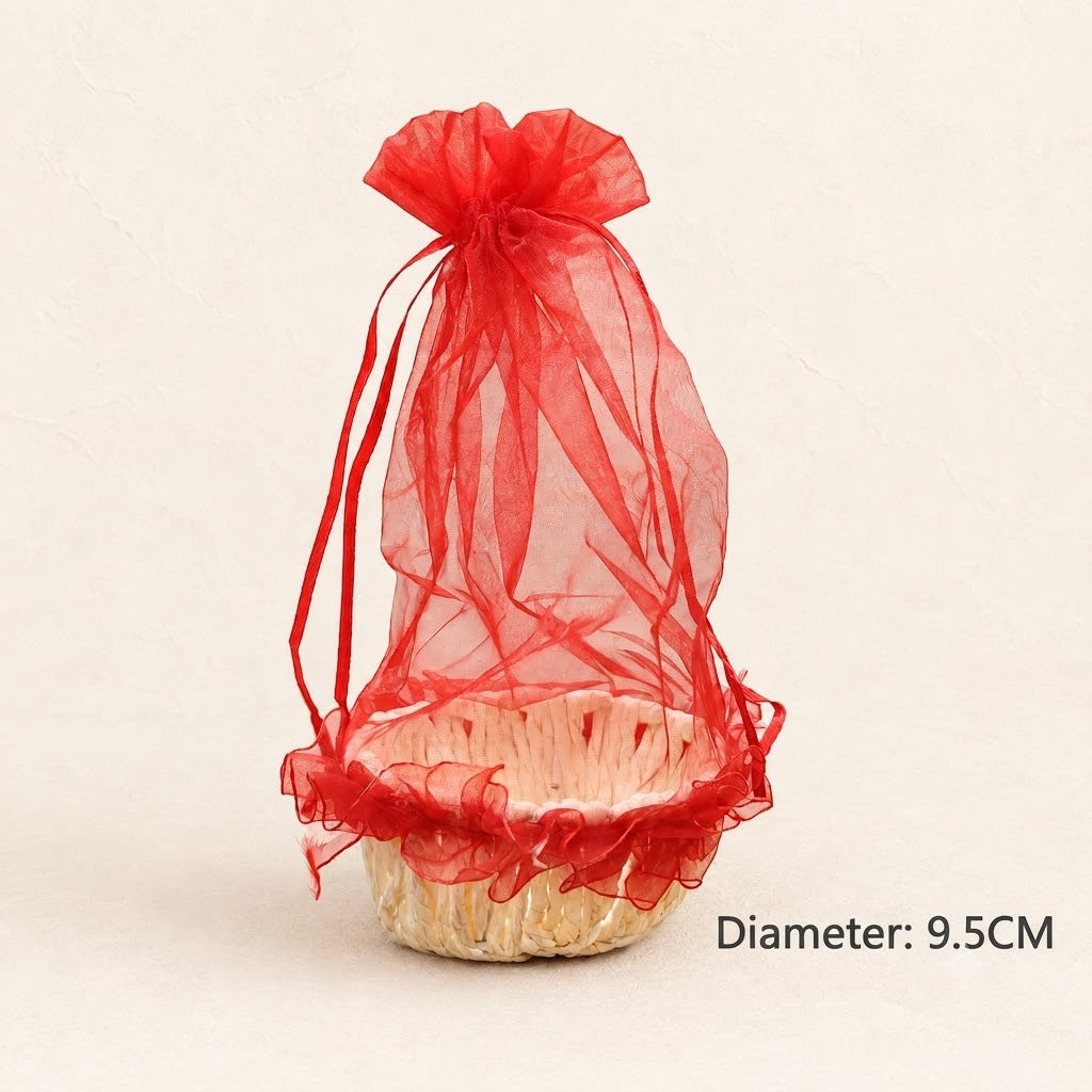 Mini Woven Basket with Red Organza Bag | Return Gift, Wedding Favour & Hamper Basket (9.5 cm)