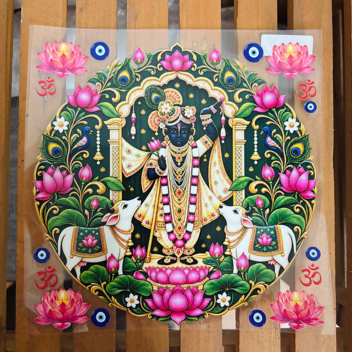 8 inch Vibrant Shrinathji Lord Krishna DTF Transfer Sticker | Pichwai Art Divine Hindu Deity Decal with Lotuses & Cows