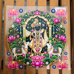 8 inch Vibrant Shrinathji Lord Krishna DTF Transfer Sticker | Pichwai Art Divine Hindu Deity Decal with Lotuses & Cows