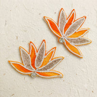 Orange Beaded Lotus Patch Set of 2 – Handmade Pearl & Zari Embroidered Applique for Dupatta, Blouse & Craft