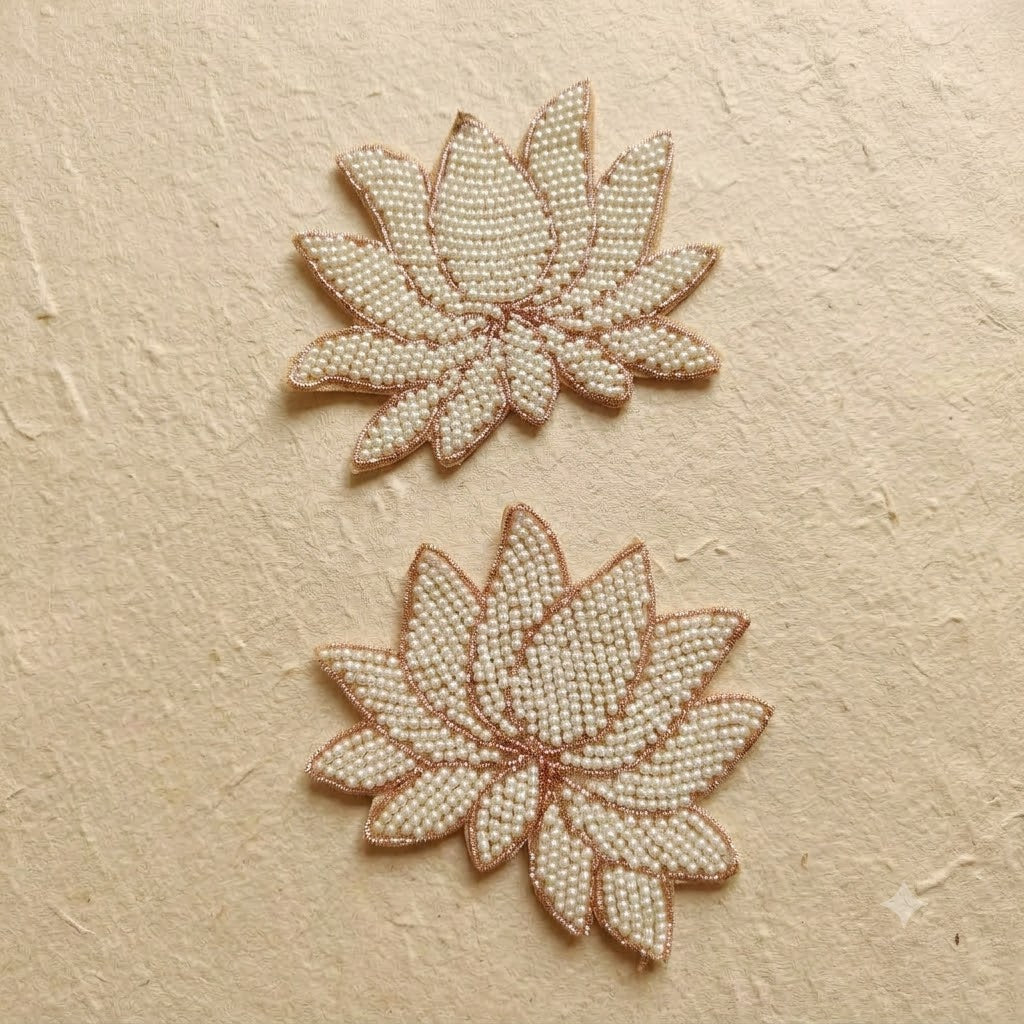 Pearl Lotus Patch Set of 2 – Handmade All-Pearl Beaded Applique with Rose Gold Outline for Bridal Wear, Dupatta & Craft