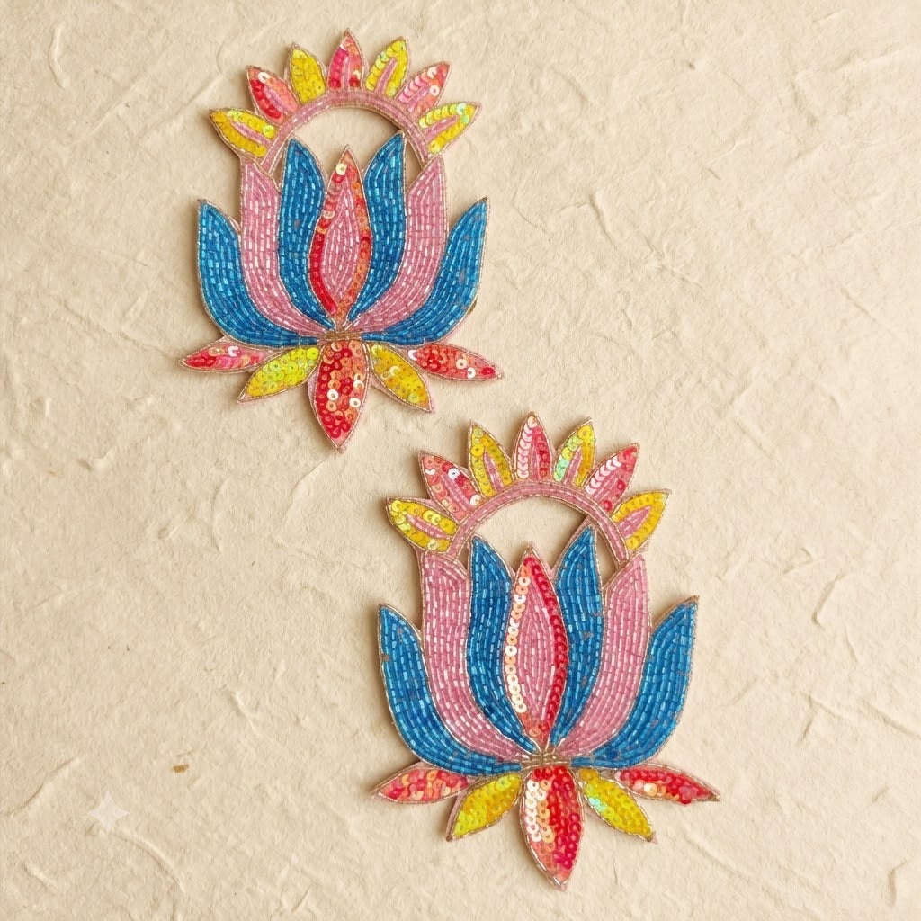 Multicolour Lotus Patch Set of 2 – Handmade Bugle Bead & Sequin Applique for Dupatta, Lehenga & Craft