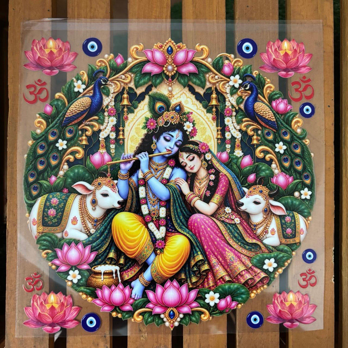 6 inch Divine Radha Krishna Playing Flute UV DTF Transfer Sticker | Pichwai Art Pooja Thali Decal with Peacocks & Lotuses