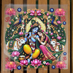 6 inch Divine Radha Krishna Playing Flute UV DTF Transfer Sticker | Pichwai Art Pooja Thali Decal with Peacocks & Lotuses