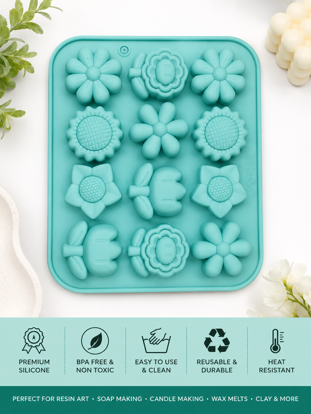 12 cavity DIY mix flower silicone mould for resin art, candle making, soap making, wax melts, clay crafts and eco casting reusable flexible mould