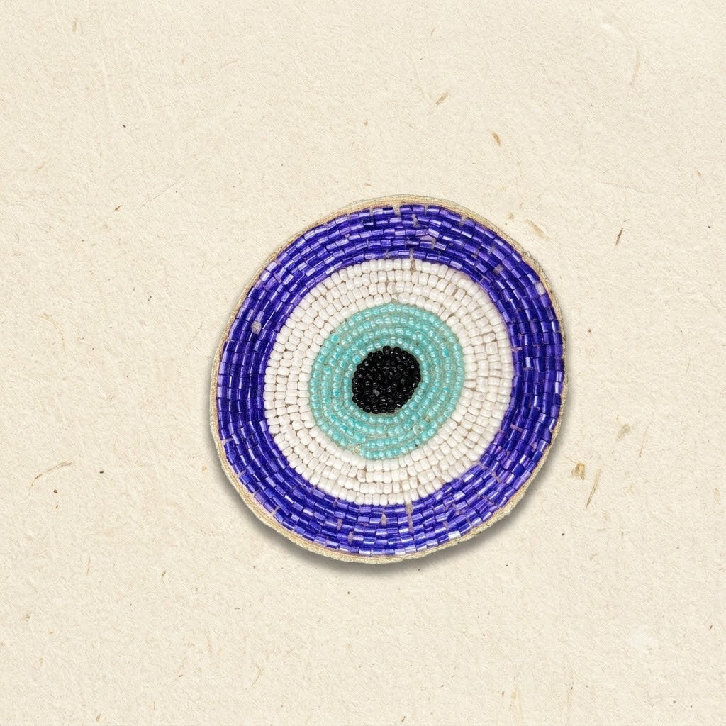 Mini Evil Eye Beaded Patch – Handmade Purple & White Nazar Applique for Earrings, Jackets & Craft