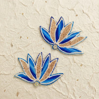 Blue Beaded Lotus Patch Set of 2 – Handmade Pearl & Zari Embroidered Applique for Dupatta, Blouse & Craft