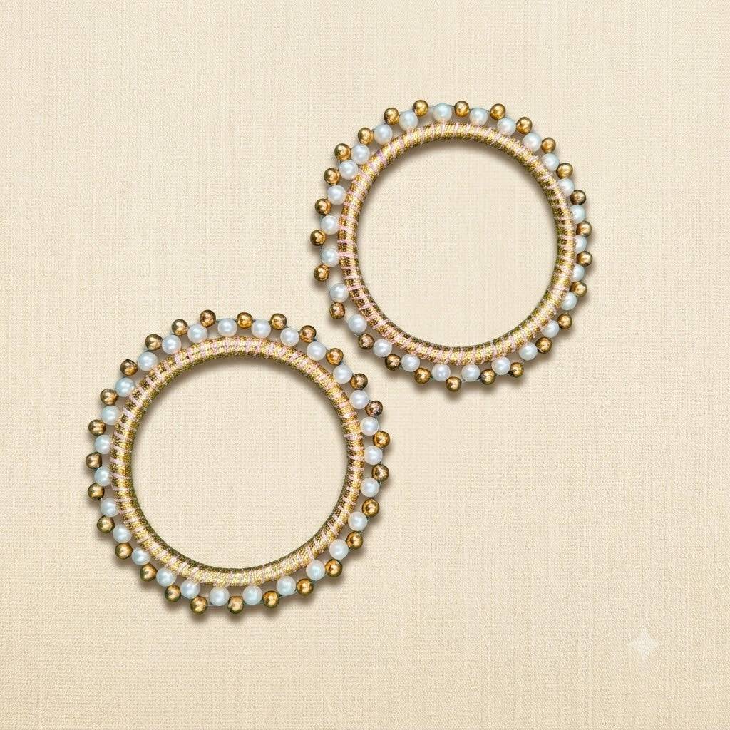 Gold Pearl Bordered Round Ring – Thread Wrapped Hoop Base for Jewellery, Torana & Craft (Pack of 2)