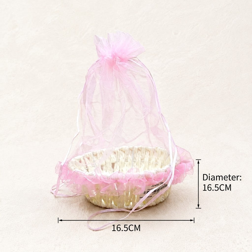 Woven Basket with Pink Organza Bag | Return Gift, Wedding Favour, Baby Shower & Hamper Basket (16.5 cm)