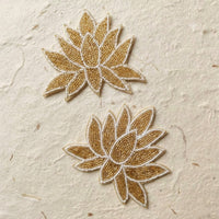 Gold Beaded Lotus Patch Set of 2 – Handmade Bugle Bead Applique with White Outline for Bridal Wear, Dupatta & Craft