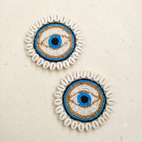 Evil Eye Patch Set of 2 – Handmade Beaded Nazar Applique with Cowrie Shell Border for Jackets, Bags & Craft