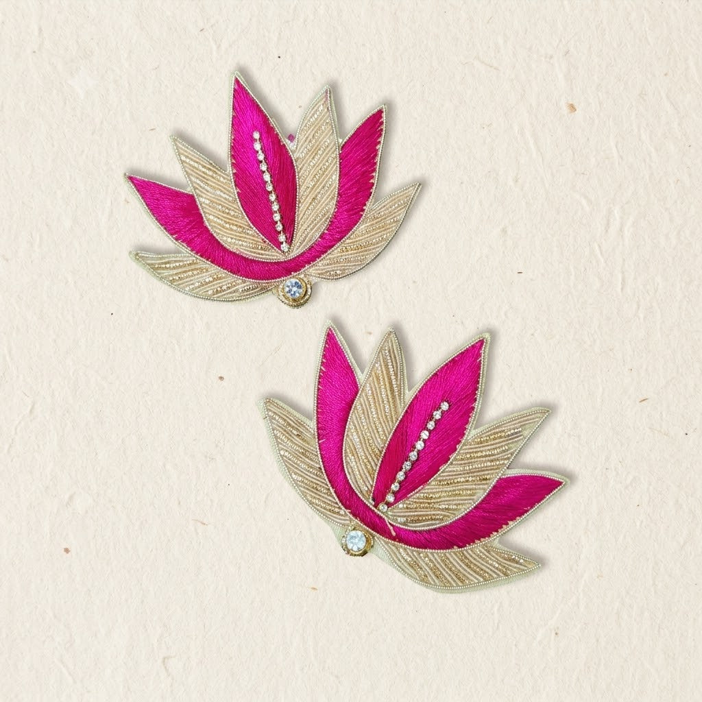 Magenta Zardozi Lotus Patch Set of 2 – Handmade Gold Bead & Thread Work Applique for Dupatta, Blouse & Craft