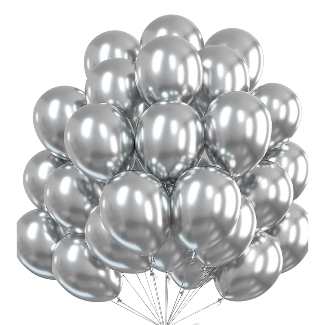 Silver metallic balloons for birthday and party decoration with shiny premium latex finish