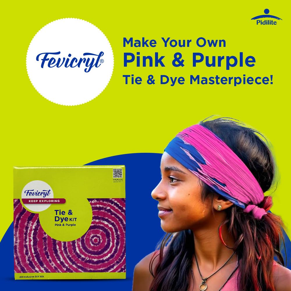 Fevicryl Tie & Dye Pink & Purple | Complete DIY Fabric Colour Kit with 2 x 15 ml Neon Acrylic Colors, 21 x 21 Inches Fabric, Squeezer & More | Ideal for Gifting, Beginners & Art Enthusiasts