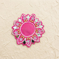 Pink Mandala Flower Patch – Handmade Beaded Applique with Mirror Work & Pearl Border for Rakhi, Thali & Hamper Decor