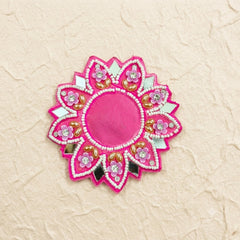 Pink Mandala Flower Patch – Handmade Beaded Applique with Mirror Work & Pearl Border for Rakhi, Thali & Hamper Decor
