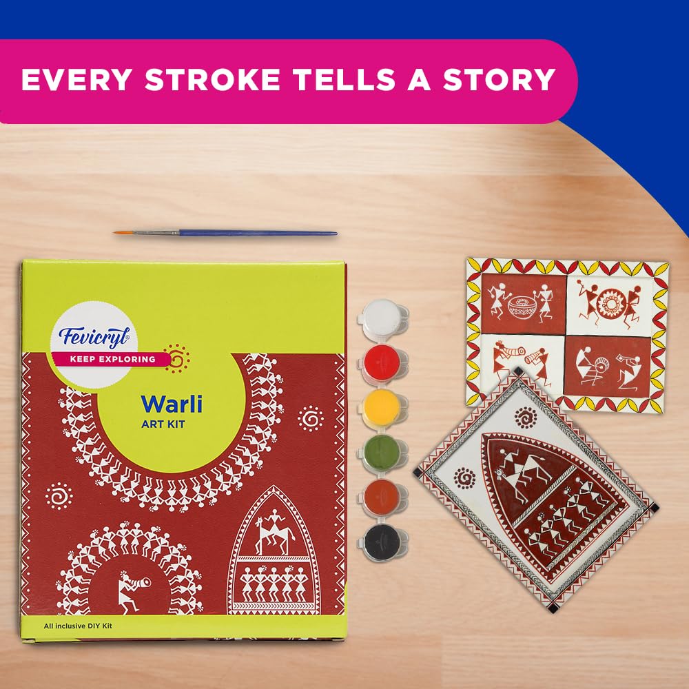 Fevicryl Warli Mini Art Kit | All-Inclusive DIY Kit of Wooden Plank with Hook, Acrylic Colours, Brush | for Artists, Students, Hobbyists & Gifting | Ideal for Age 14 +