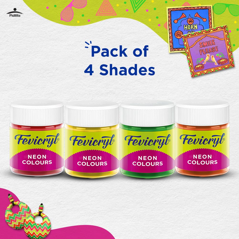 Fevicryl Neon Acrylic Colour Kit, 4 Shades, 15ml each | Vibrant And Colourful | DIY And Multi Surface Paints | Ideal For Beginners And Artists