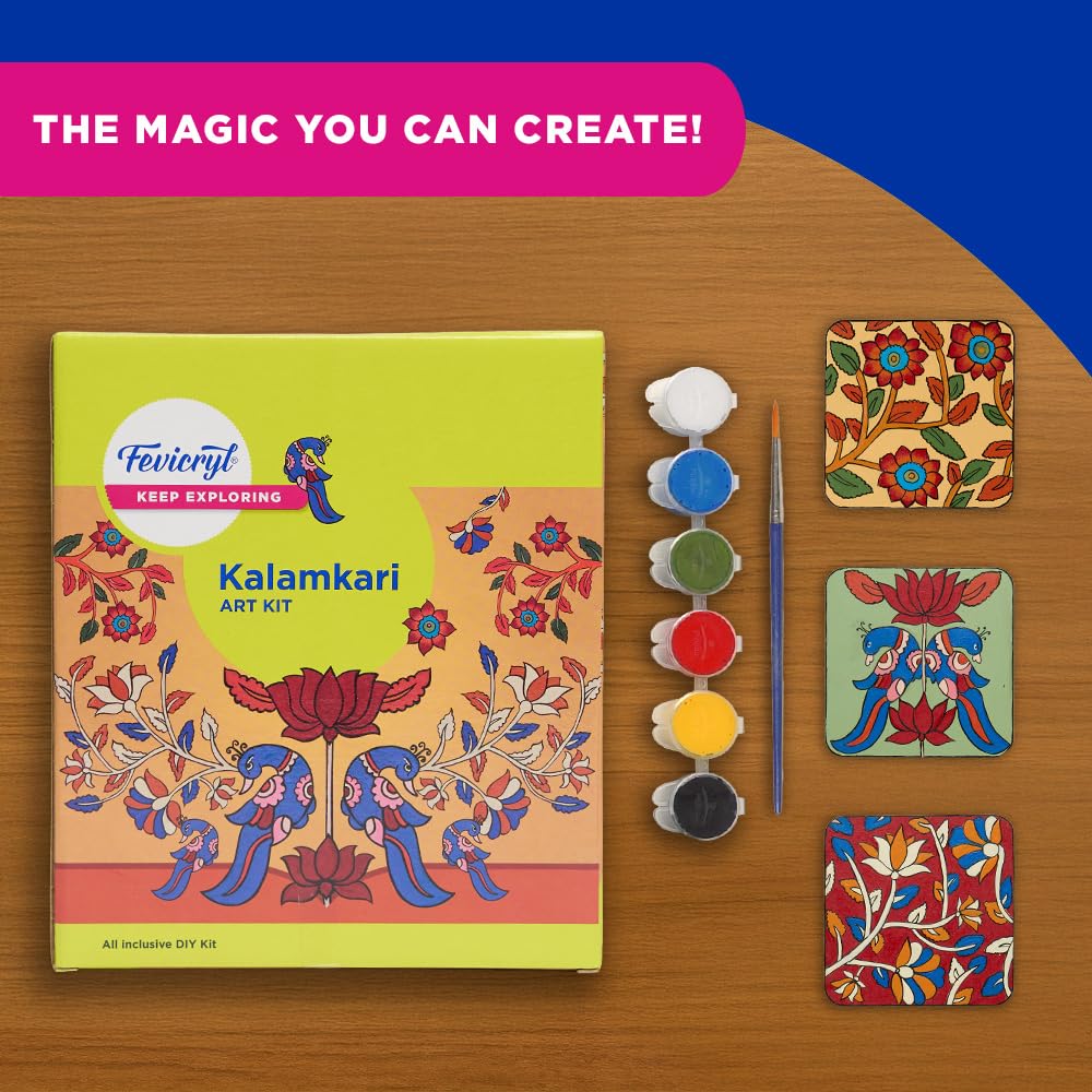 Fevicryl Kalamkari Mini Art Kit | All-Inclusive DIY Kit with Wooden Coasters, Acrylic Colours, Brush l Paint Your Own Coasters | for Artists, Students, Hobbyists & Gifting | Ideal for Age 14 +