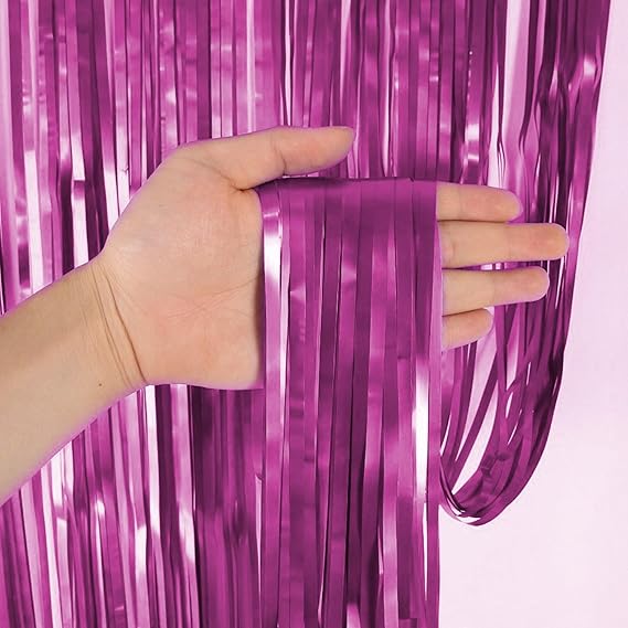 Pink foil curtain backdrop for birthday and party decoration with metallic fringe design
