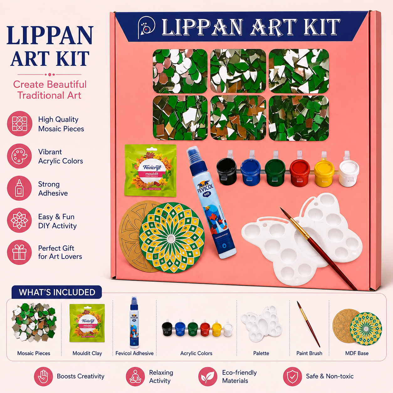 Lippan Art Kit DIY Traditional Mirror Art Craft Kit with MDF Base, Mirror Mosaic Pieces, Acrylic Paints, Moulding Clay, Glue, Brush and Complete Craft Accessories