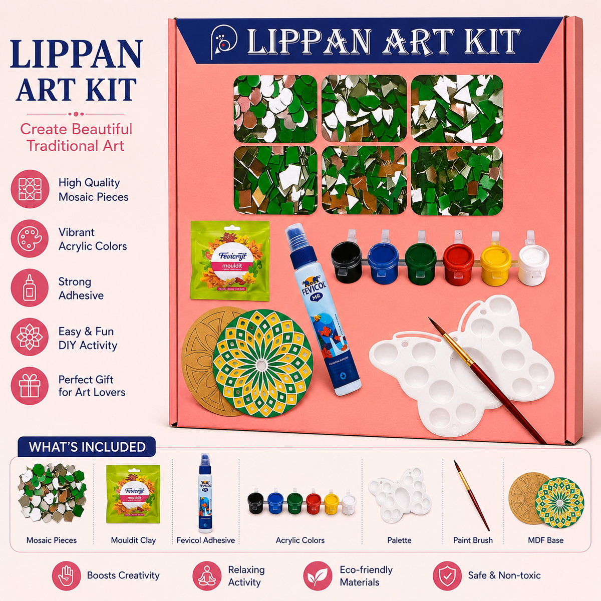 Lippan Art Kit DIY Traditional Mirror Art Craft Kit with MDF Base, Mirror Mosaic Pieces, Acrylic Paints, Moulding Clay, Glue, Brush and Complete Craft Accessories