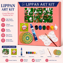 Lippan Art Kit DIY Traditional Mirror Art Craft Kit with MDF Base, Mirror Mosaic Pieces, Acrylic Paints, Moulding Clay, Glue, Brush and Complete Craft Accessories