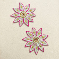 Pink Edge Pearl Star Flower Patch Set of 2 – Handmade Zari & Bead Work Applique for Dupatta, Blouse & Craft