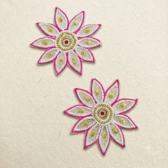 Pink Edge Pearl Star Flower Patch Set of 2 – Handmade Zari & Bead Work Applique for Dupatta, Blouse & Craft