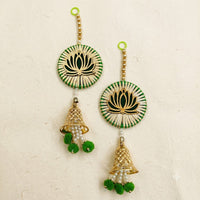 Lotus Gota Door Hanging Set of 2 – Handmade Green & Gold Bell Latkan for Diwali, Pooja & Wedding Decor
