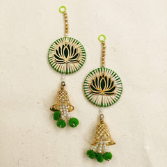 Lotus Gota Door Hanging Set of 2 – Handmade Green & Gold Bell Latkan for Diwali, Pooja & Wedding Decor