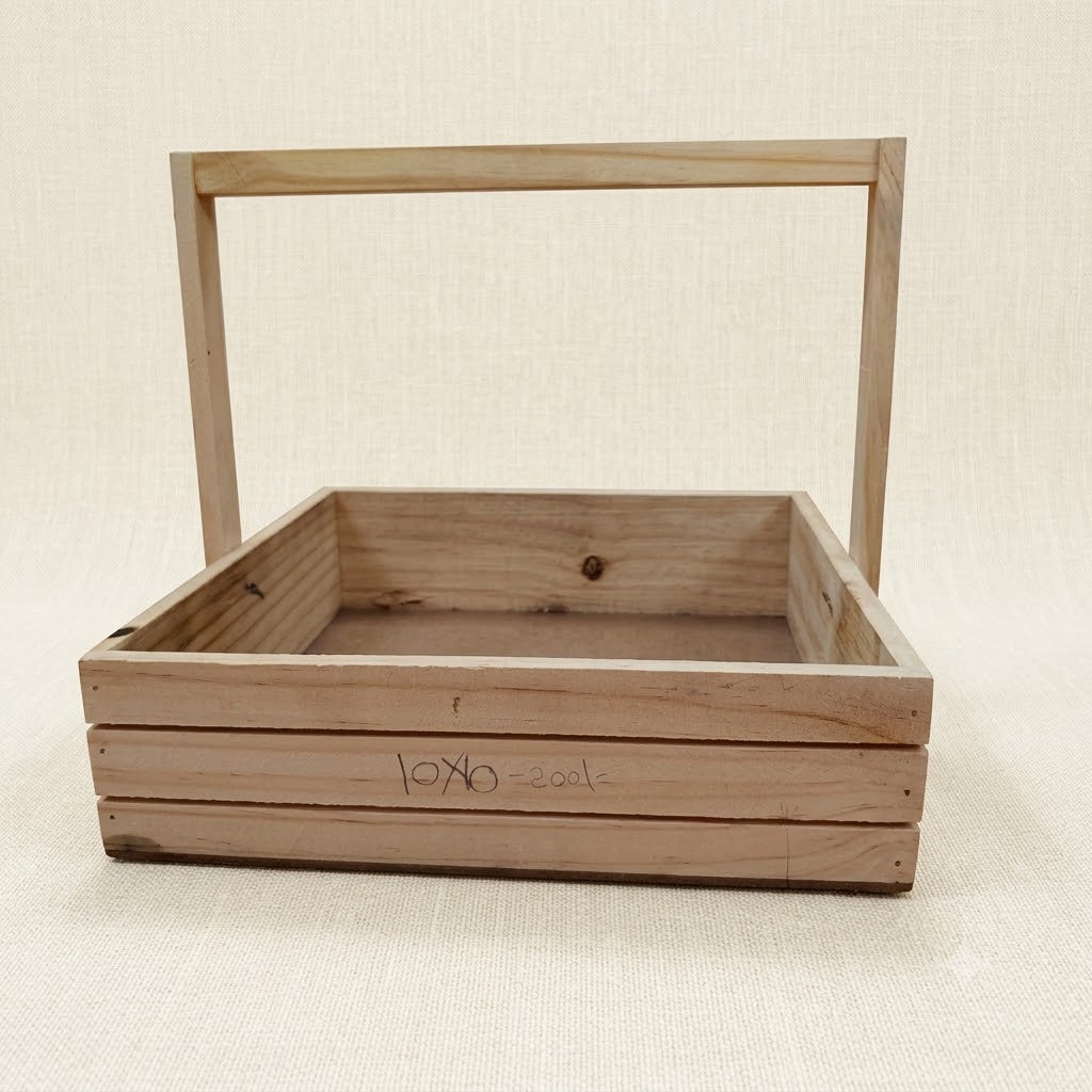 Natural Wood Slatted Basket with Handle for Hampers, Display & Storage – 10 x 10 Inch