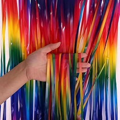 Rainbow foil curtain backdrop for birthday and party decoration with metallic fringe design