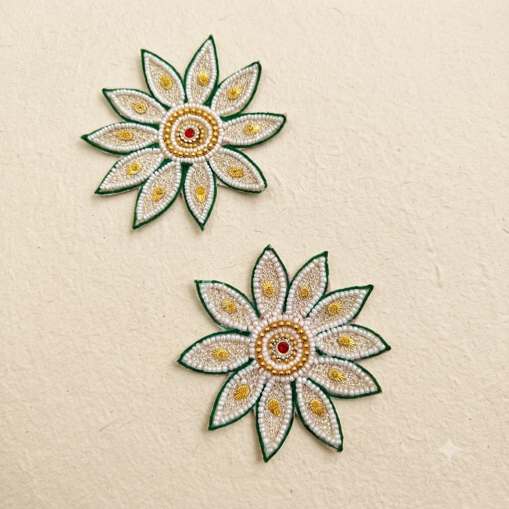 Pearl Star Flower Patch Set of 2 – Handmade Zari & Bead Work Applique for Dupatta, Blouse & Craft