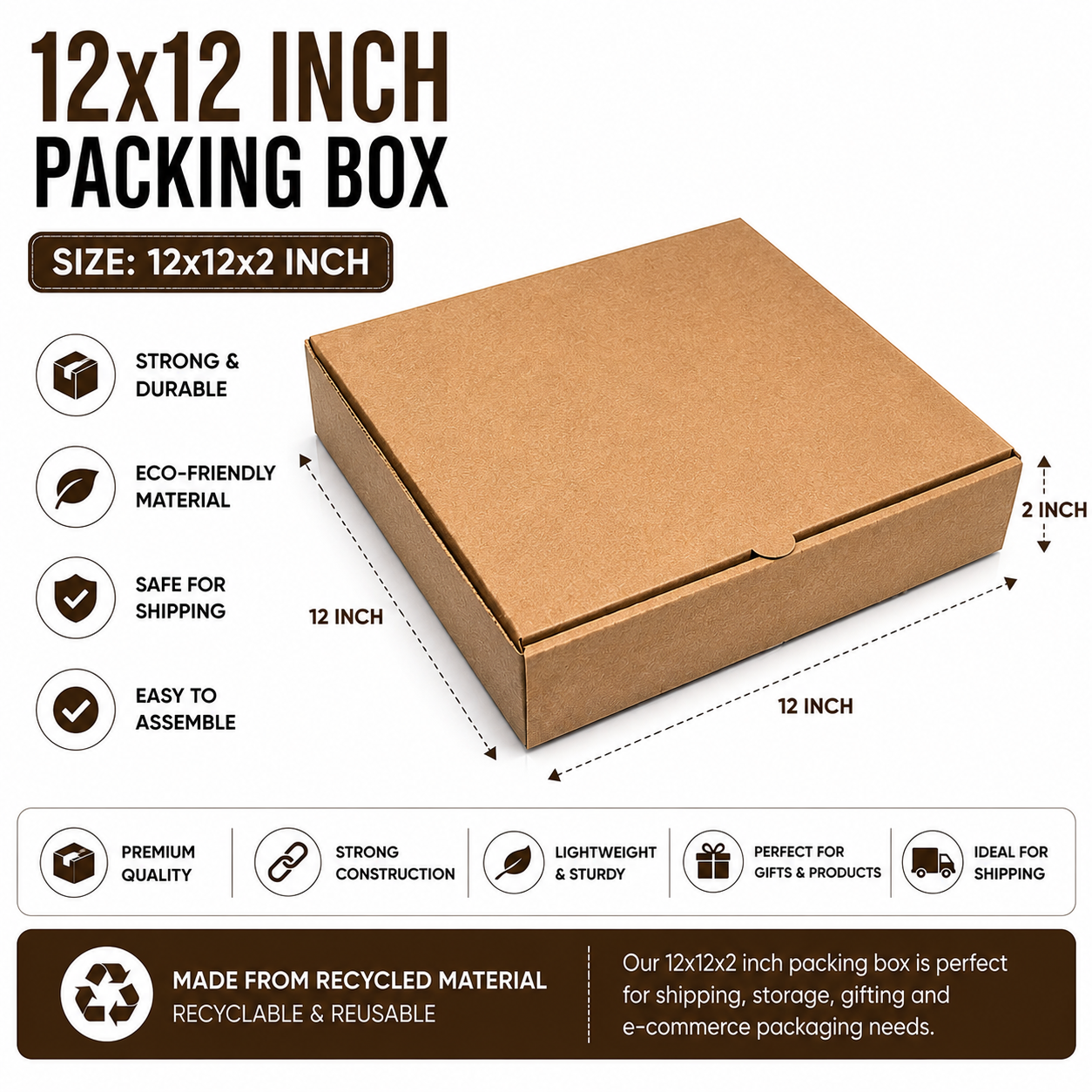 12x12 inch corrugated kraft packing box for shipping, storage, gift packaging, bakery boxes, eCommerce orders and retail products