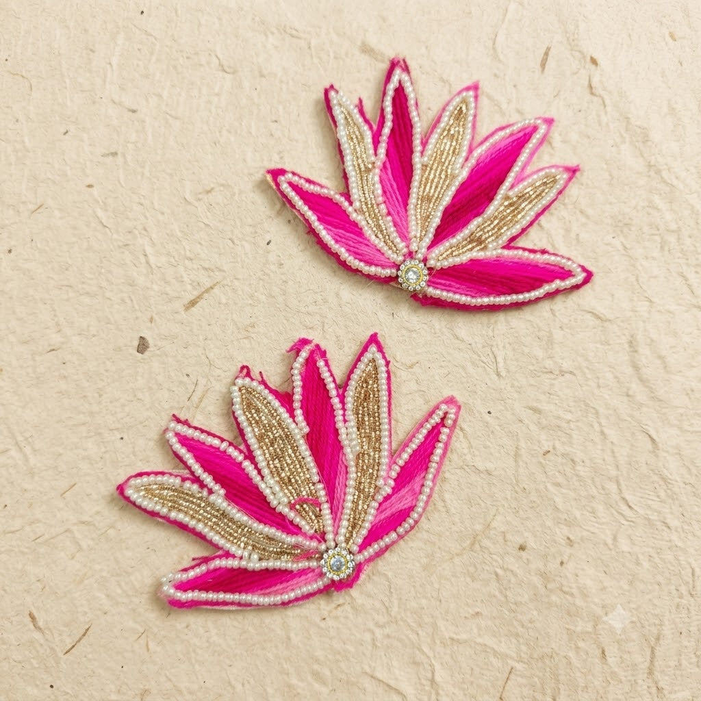 Pink Beaded Lotus Patch Set of 2 – Handmade Pearl & Zari Embroidered Applique for Dupatta, Blouse & Craft