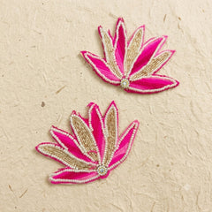 Pink Beaded Lotus Patch Set of 2 – Handmade Pearl & Zari Embroidered Applique for Dupatta, Blouse & Craft