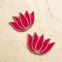 Pink Velvet Lotus Patch Set of 2 – Handmade Crystal Stone Chain Applique for Dupatta, Blouse & Craft