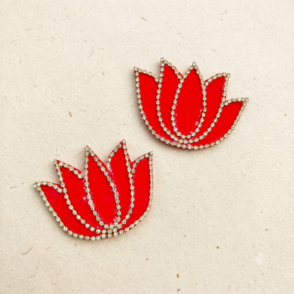 Red Lotus Patch Set of 2 – Handmade Crystal Stone Chain Applique for Dupatta, Blouse & Craft