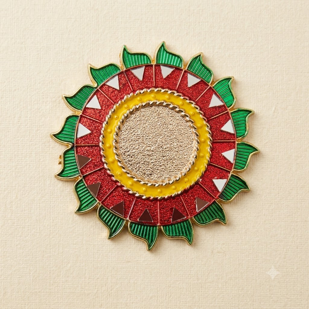 Colourful Sun Flower Rakhi Base – Glitter Enamel Style Round Motif with Triangle Mirrors (Craft Component)